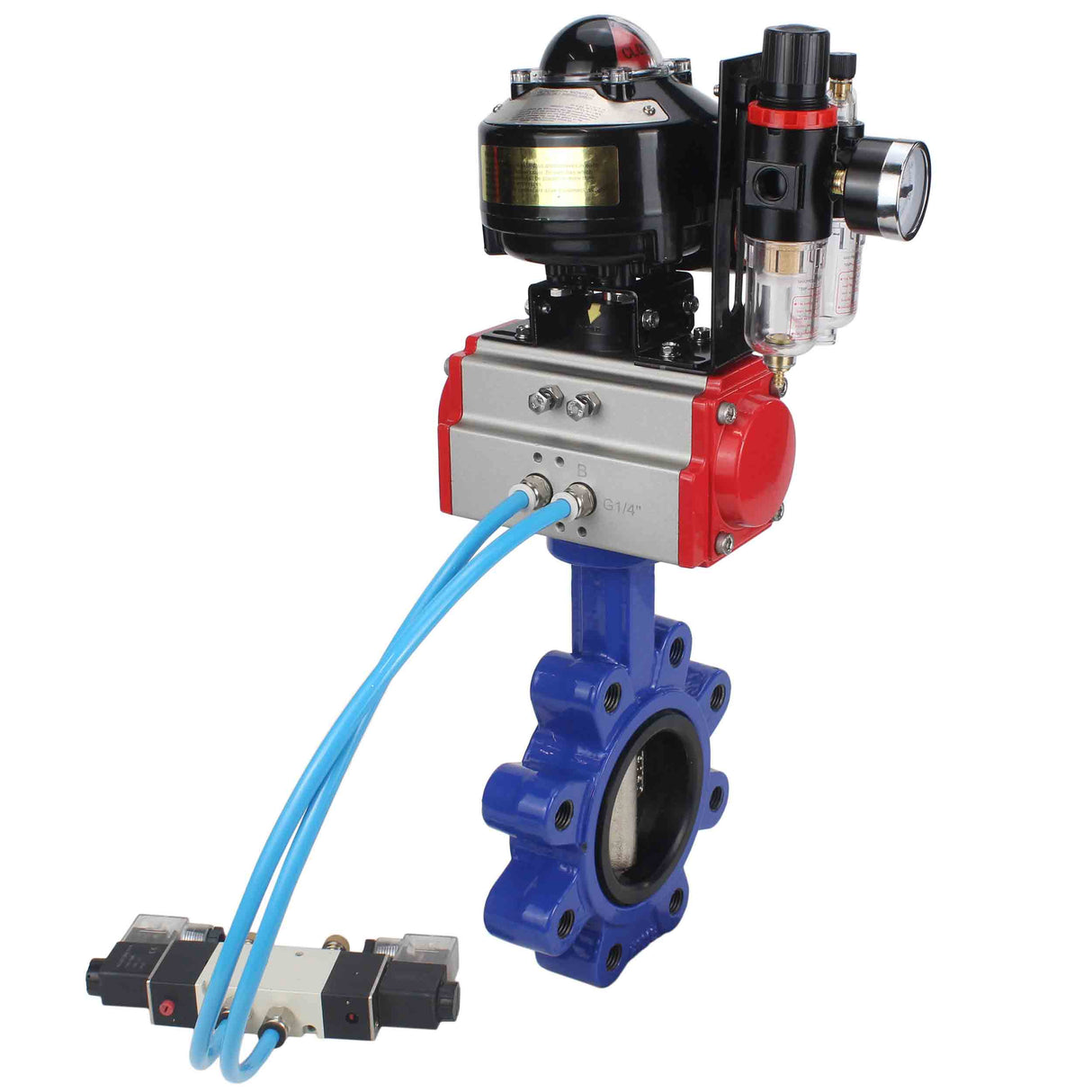 Wasser-Schmetterlingsventil Elephant WBV1616N-2W-Fb-H, Gehäusematerial - Gusseisen QT450, Scheibenmaterial - Gusseisen QT450, Dichtung - NBR, pneumatischer Antrieb PA-SA mit Rückstellfedern, 4V320-10 220V, LSU APL-510N EX, ATU AFC2000