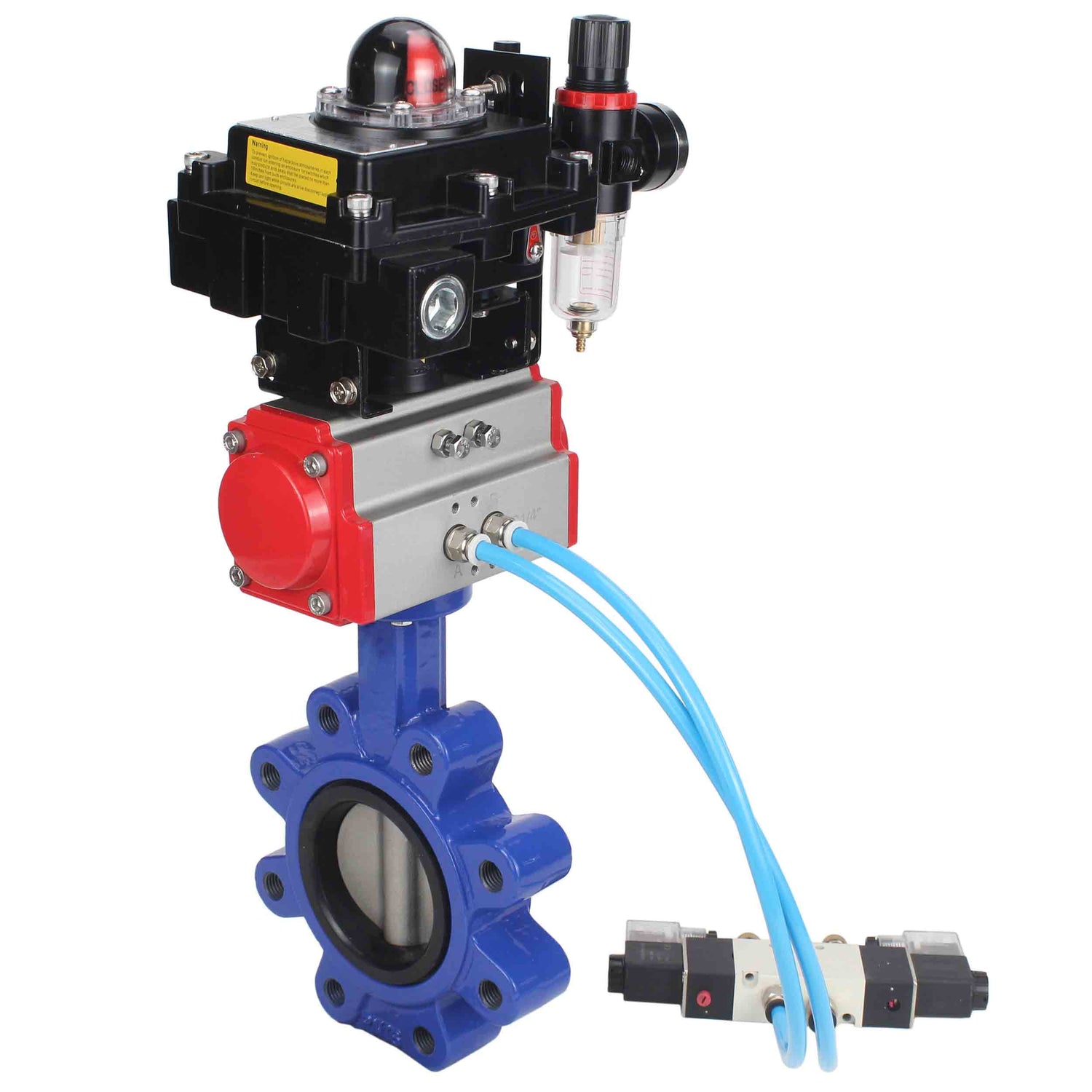 Wasser-Schmetterlingsventil Elephant WBV1631E-2W-Fb-H, Gehäusematerial - Gusseisen QT450, Scheibenmaterial - Edelstahl AISI 304, Dichtung - EPDM, pneumatischer Antrieb PA-SA mit Rückstellfedern, 4V320-08 220V, LSU APL-410N EX, ATU AFC2000