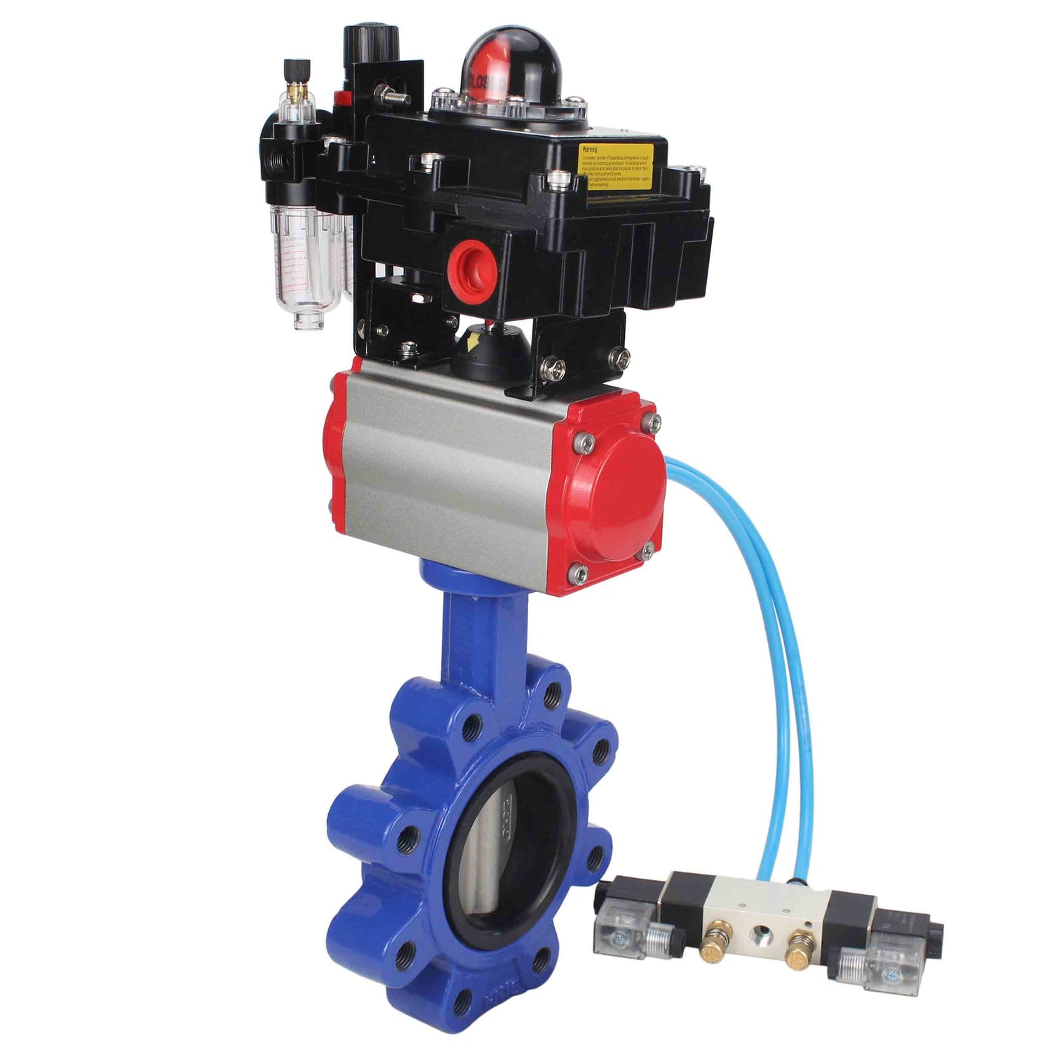 Wasser-Schmetterlingsventil Elephant WBV1631E-2W-Fb-H, Gehäusematerial - Gusseisen QT450, Scheibenmaterial - Edelstahl AISI 304, Dichtung - EPDM, pneumatischer Antrieb PA-SA mit Rückstellfedern, 4V320-08 220V, LSU APL-410N EX, ATU AFC2000