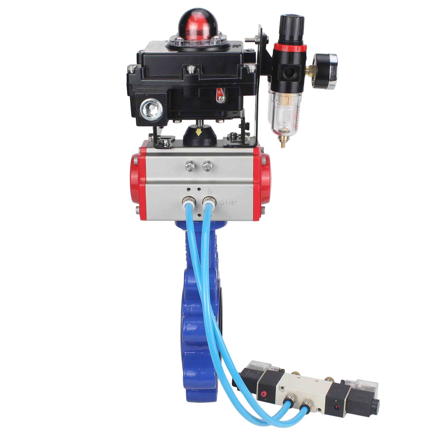 Wasser-Schmetterlingsventil Elephant WBV1631E-2W-Fb-H, Gehäusematerial - Gusseisen QT450, Scheibenmaterial - Edelstahl AISI 304, Dichtung - EPDM, pneumatischer Antrieb PA-DA Doppelwirkung, 4V320-08 220V, LSU APL-410N EX, ATU AFC2000