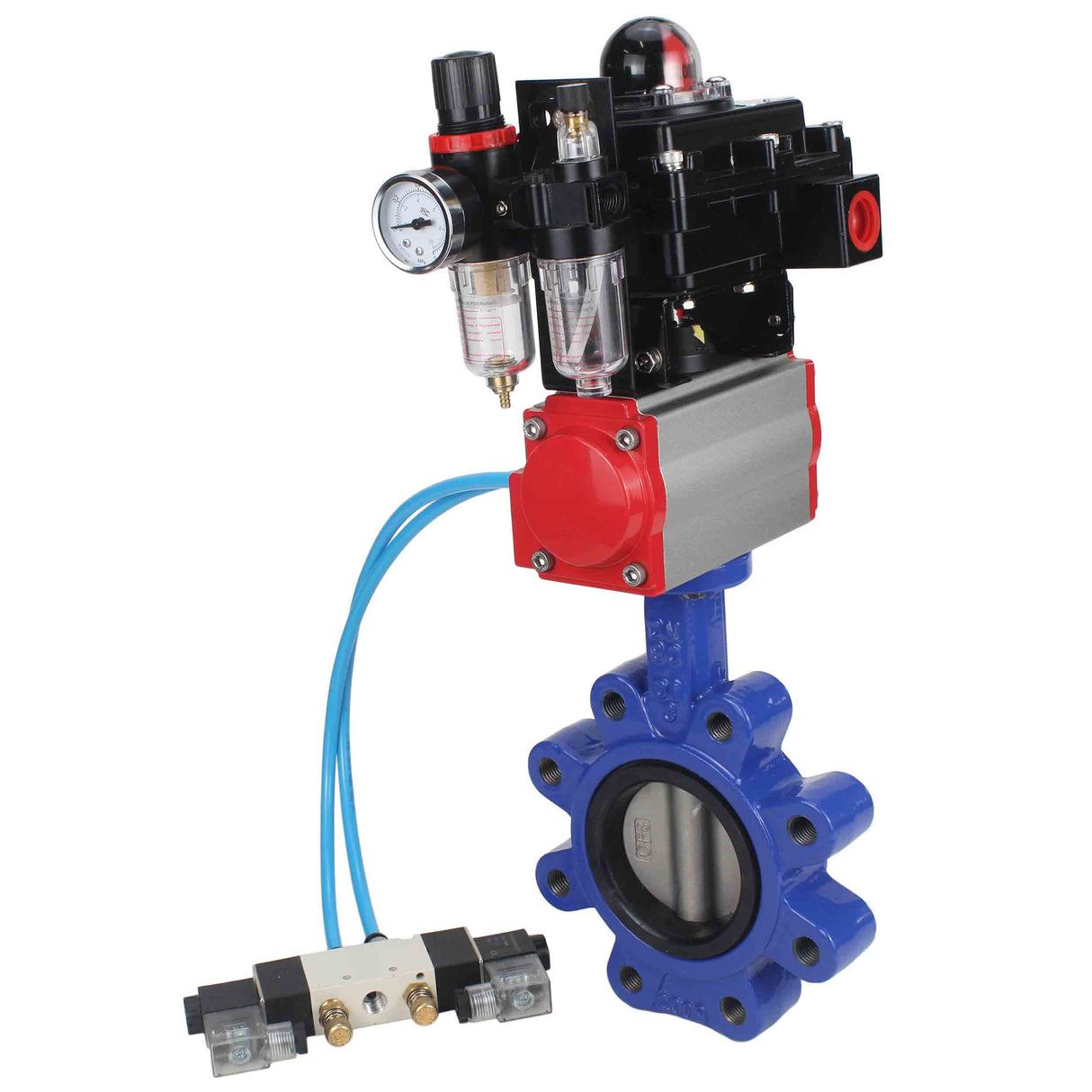 Wasser-Schmetterlingsventil Elephant WBV1631E-2W-Fb-H, Gehäusematerial - Gusseisen QT450, Scheibenmaterial - Edelstahl AISI 304, Dichtung - EPDM, pneumatischer Antrieb PA-SA mit Rückstellfedern, 4V320-10 220V, LSU APL-410N EX, ATU AFC2000
