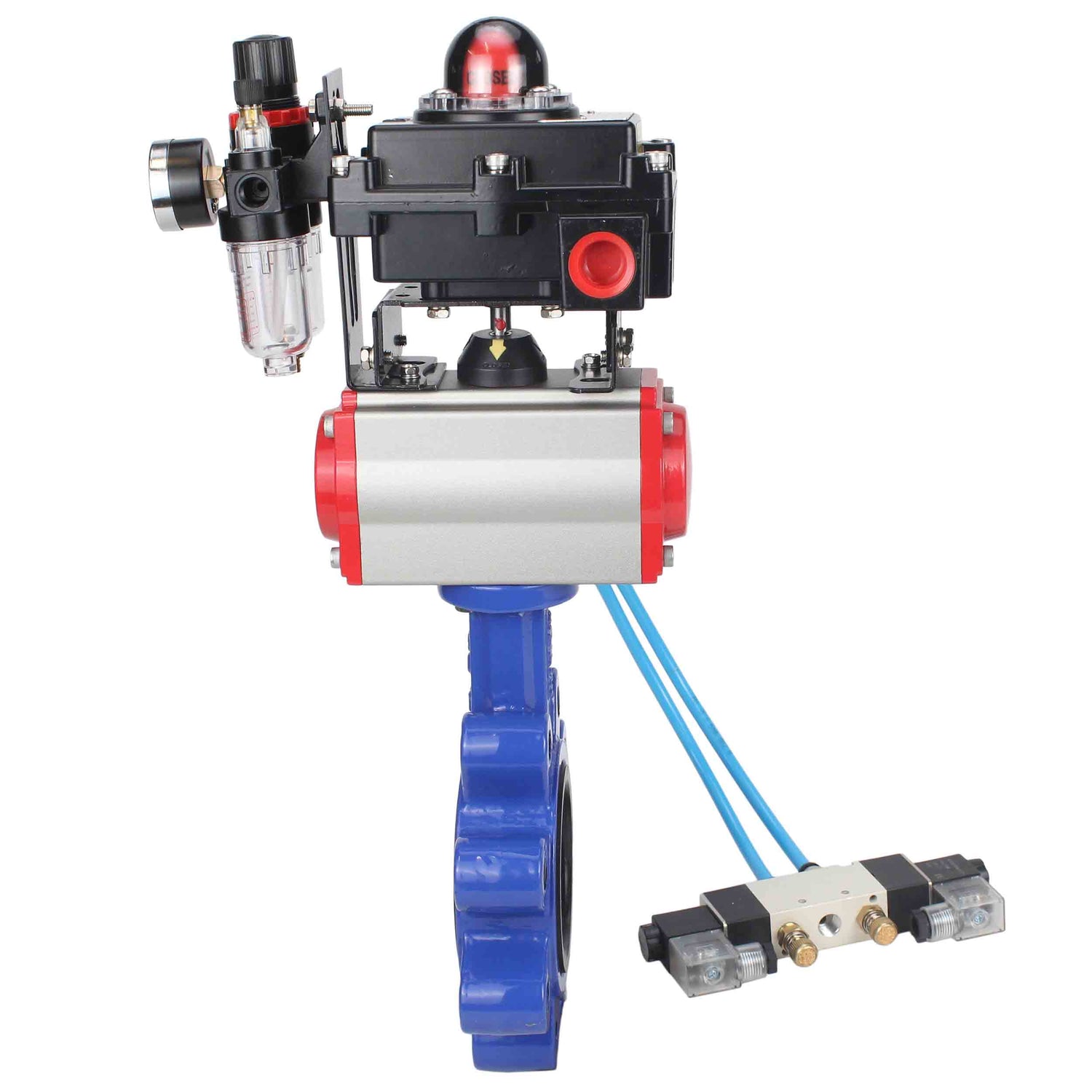 Wasser-Schmetterlingsventil Elephant WBV1631E-2W-Fb-H, Gehäusematerial - Gusseisen QT450, Scheibenmaterial - Edelstahl AISI 304, Dichtung - EPDM, pneumatischer Antrieb PA-DA Doppelwirkung, 4V320-08 220V, LSU APL-410N EX, ATU AFC2000