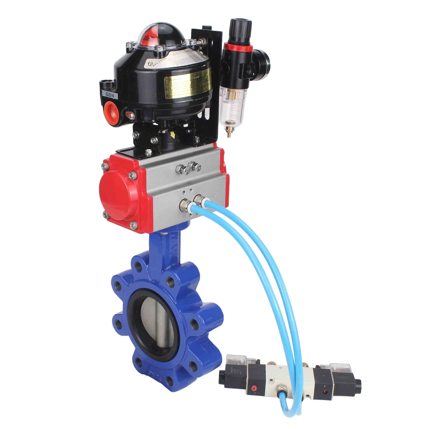 Wasser-Schmetterlingsventil Elephant WBV1631E-2W-Fb-H, Gehäusematerial - Gusseisen QT450, Scheibenmaterial - Edelstahl AISI 304, Dichtung - EPDM, pneumatischer Antrieb PA-DA Doppelwirkung, 4V320-10 220V, LSU APL-510N EX, ATU AFC2000