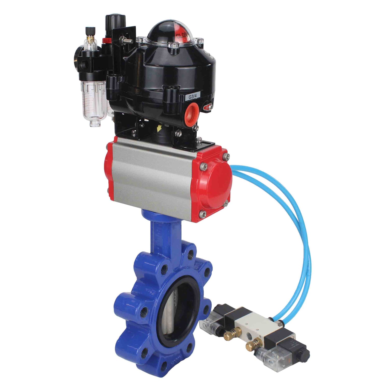 Wasser-Schmetterlingsventil Elephant WBV1631E-2W-Fb-H, Gehäusematerial - Gusseisen QT450, Scheibenmaterial - Edelstahl AISI 304, Dichtung - EPDM, pneumatischer Antrieb PA-DA Doppelwirkung, 4V320-08 220V, LSU APL-510N EX, ATU AFC2000