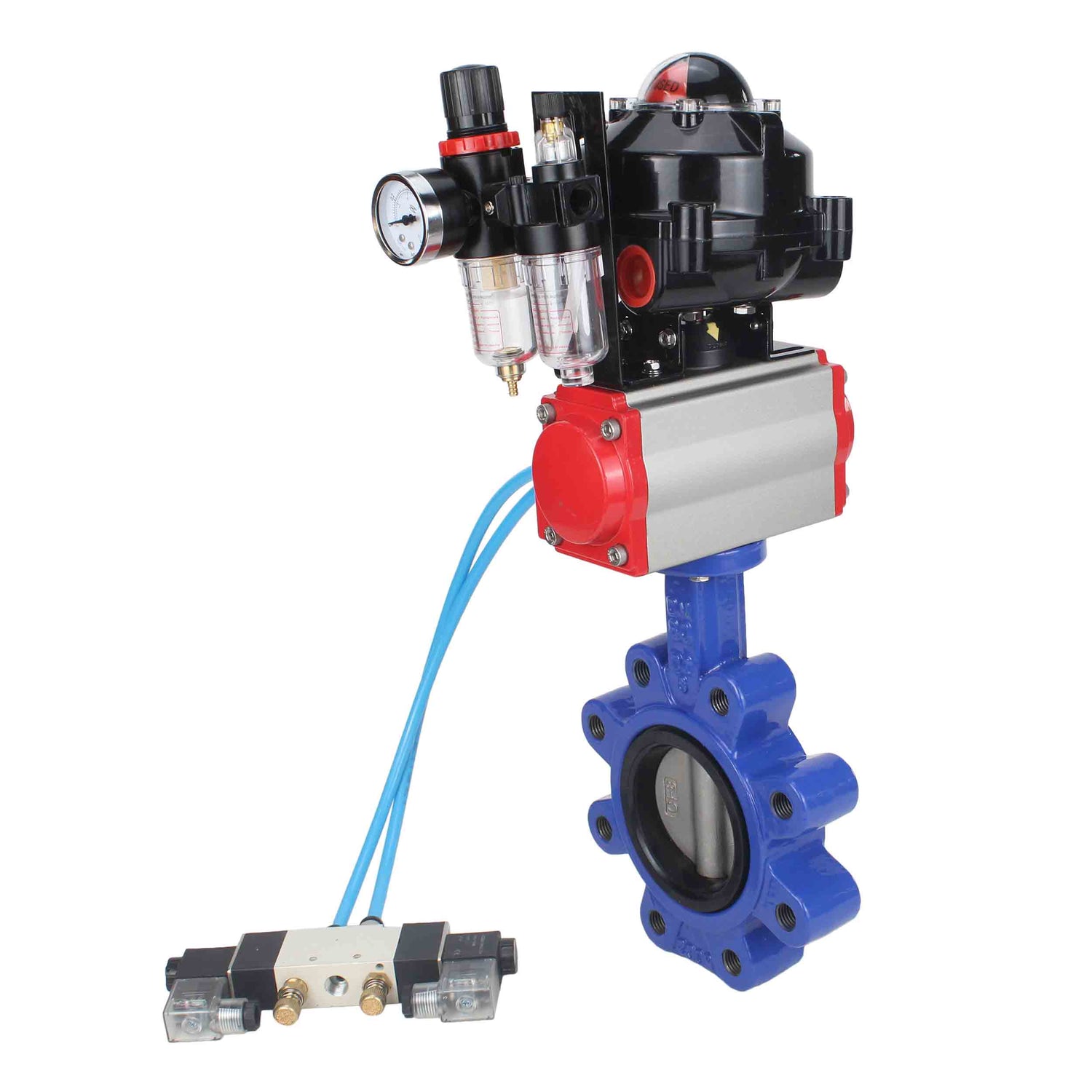 Wasser-Schmetterlingsventil Elephant WBV1631E-2W-Fb-H, Gehäusematerial - Gusseisen QT450, Scheibenmaterial - Edelstahl AISI 304, Dichtung - EPDM, pneumatischer Antrieb PA-SA mit Rückstellfedern, 4V320-10 220V, LSU APL-510N EX, ATU AFC2000