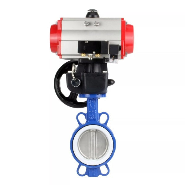 Wasser-Schmetterlingsventil Elephant WBV3432P-2W-Fb-H, Gehäusematerial - Kohlenstoffstahl, Scheibenmaterial - Edelstahl AISI 316L, Dichtung - PTFE, mit pneumatischem Doppelwirkungsantrieb PA-DA, 4V320-08 220V, Handrad MON